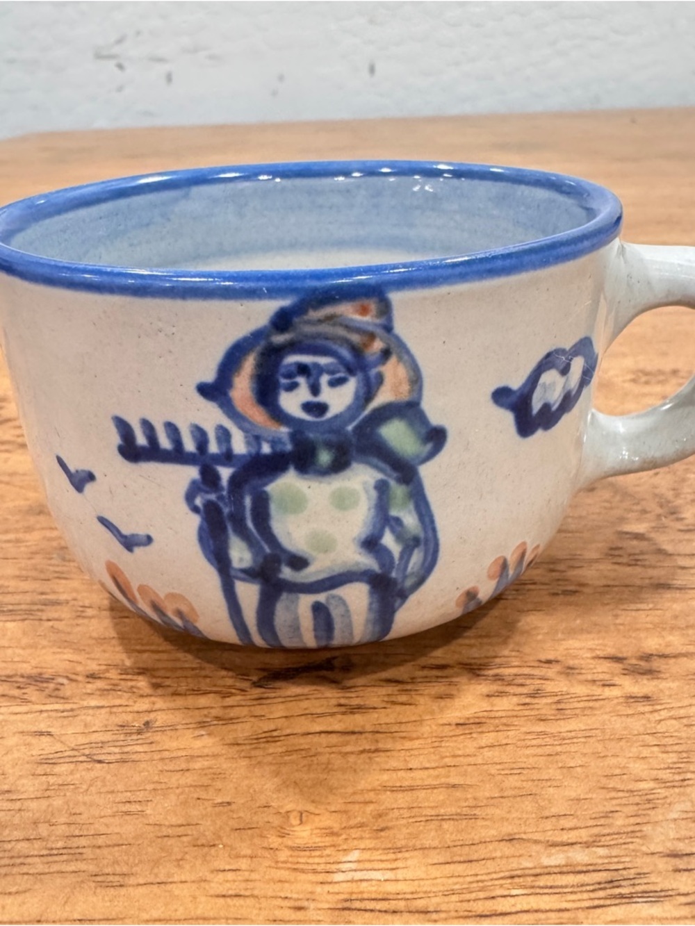 M.A. Hadley TeaCup Hand-Painted Farmer Ceramic Blue Rim Mug Folk Art Signed